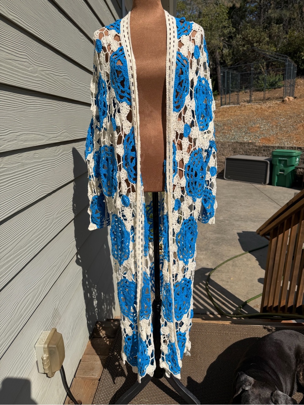 POL Crochet Duster Cardigan in Cream & Bright Blue